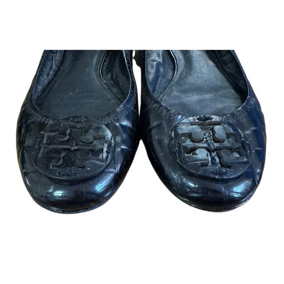 TORY BURCH Reva Black Leather Croc Print Ballet Slip On Flats Scrunch Back 11M - Picture 4 of 11